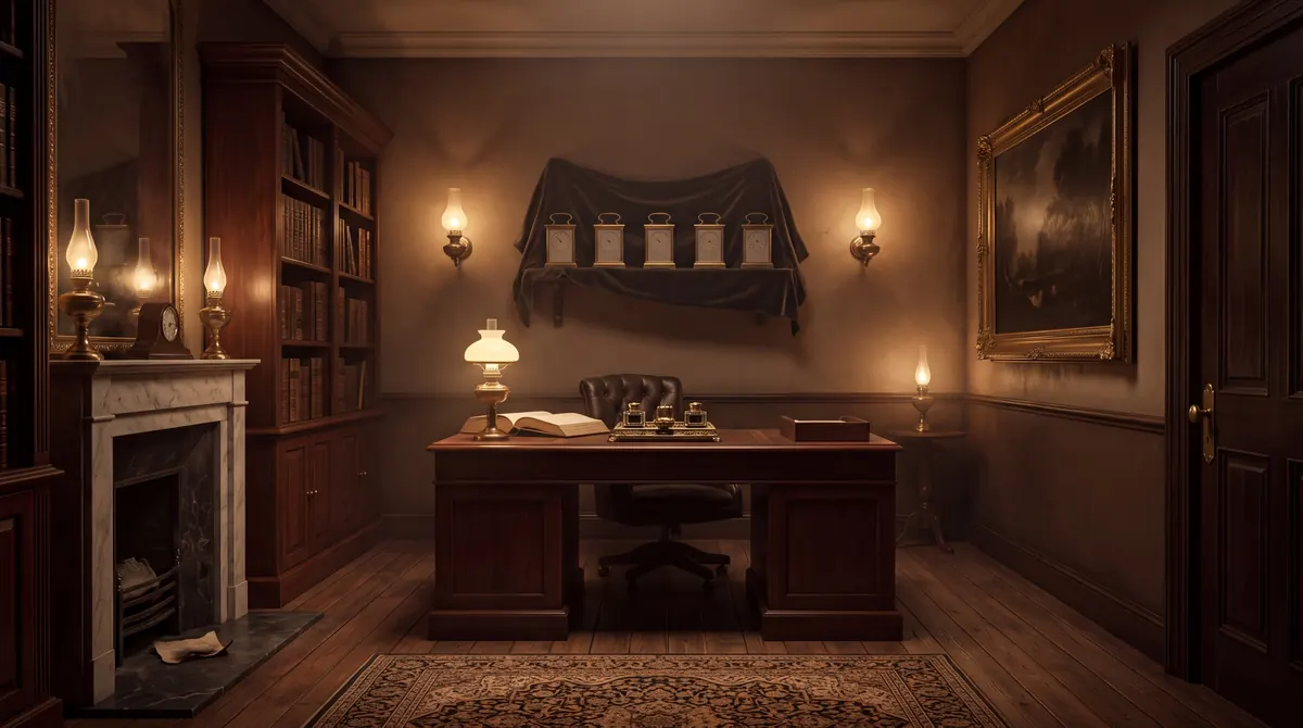 Décor du jeu : le bureau du directeur, ses cinq pendules voilées et sa cheminée