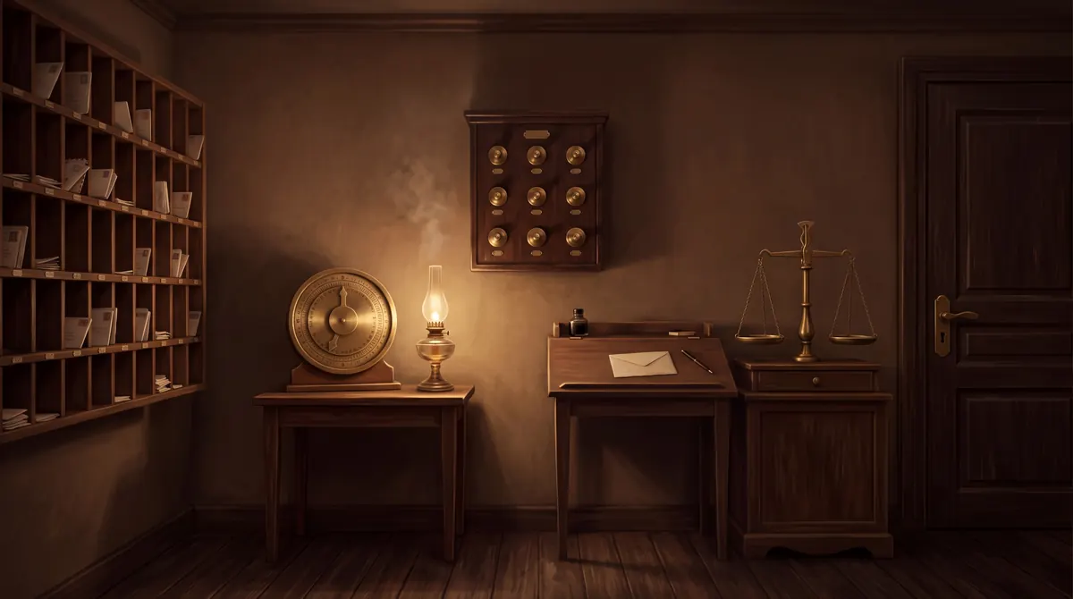 Décor du jeu : la salle de tri du Cabinet noir, ses casiers à courrier et sa lampe à pétrole