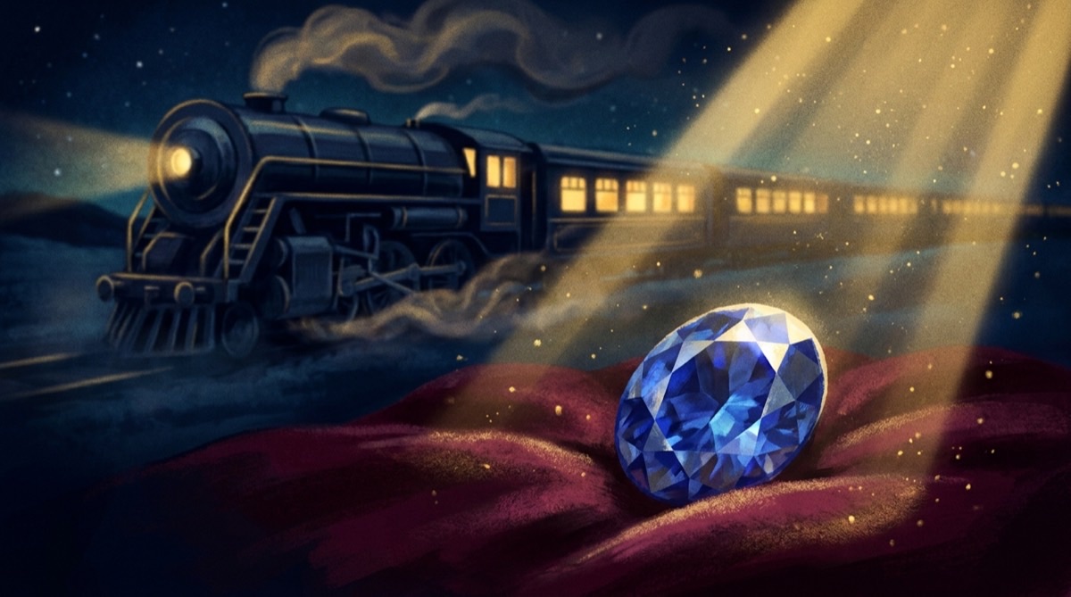 Affiche du Train de Minuit : la locomotive dans la nuit et le saphir l'Étoile du Nord sur son coussin de velours