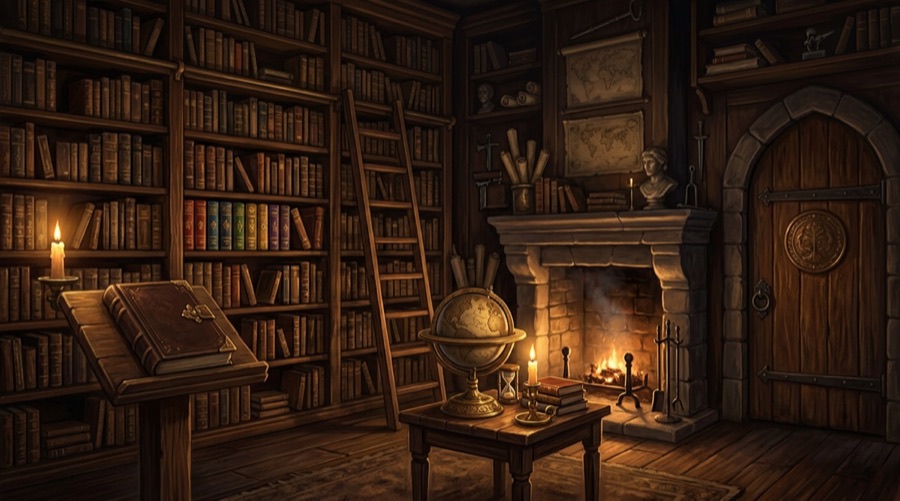 Décor jouable de la Bibliothèque : rayonnages de livres et carnets secrets