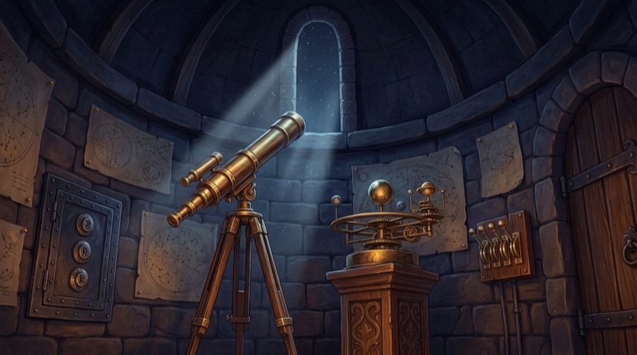 Décor jouable de l'Observatoire : télescope de cuivre et planétaire