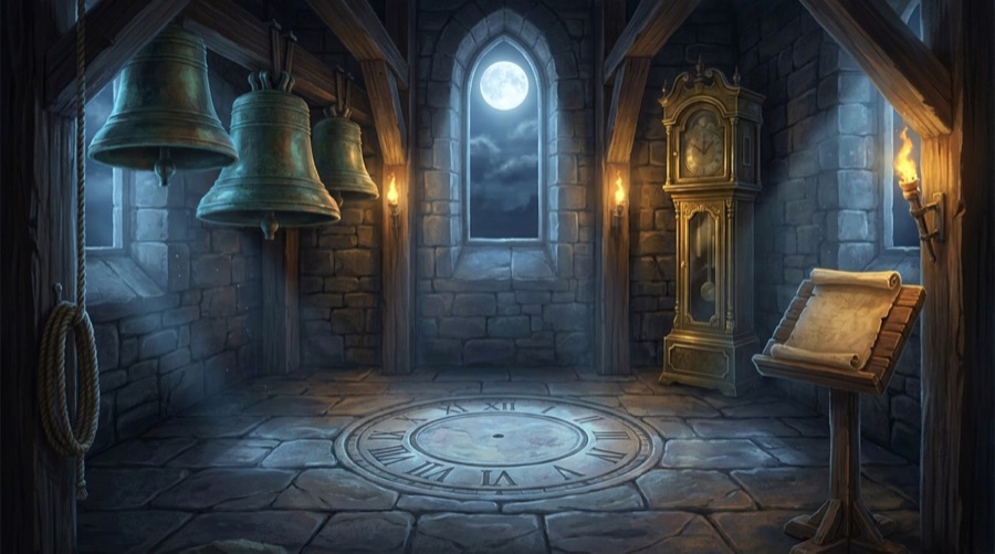 Décor jouable du Grand Carillon : cloches et mécanisme monumental