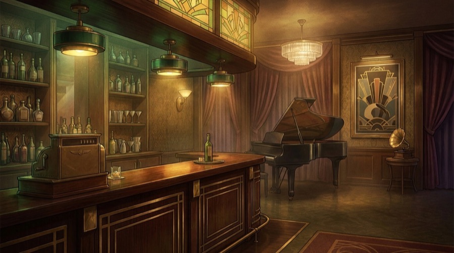 Décor jouable du Bar de Rose : comptoir, piano et affiches d'époque