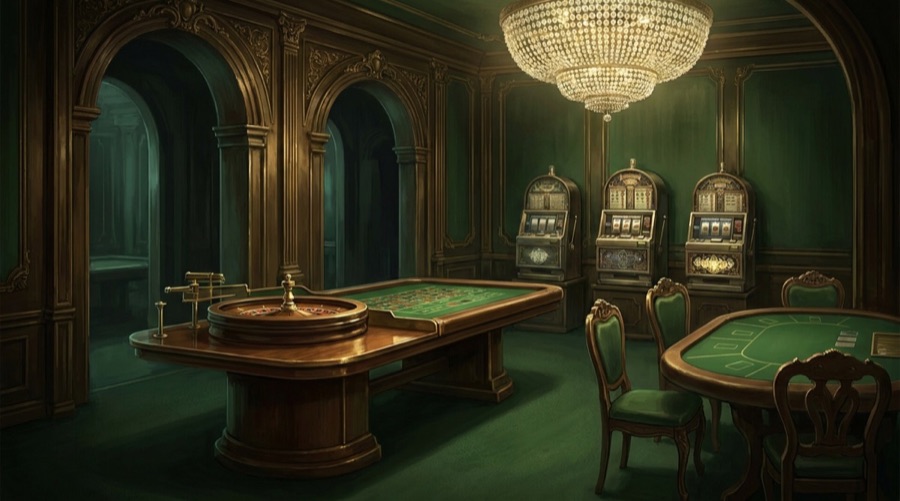 Décor jouable de la Salle des Jeux : roulette et machine à sous
