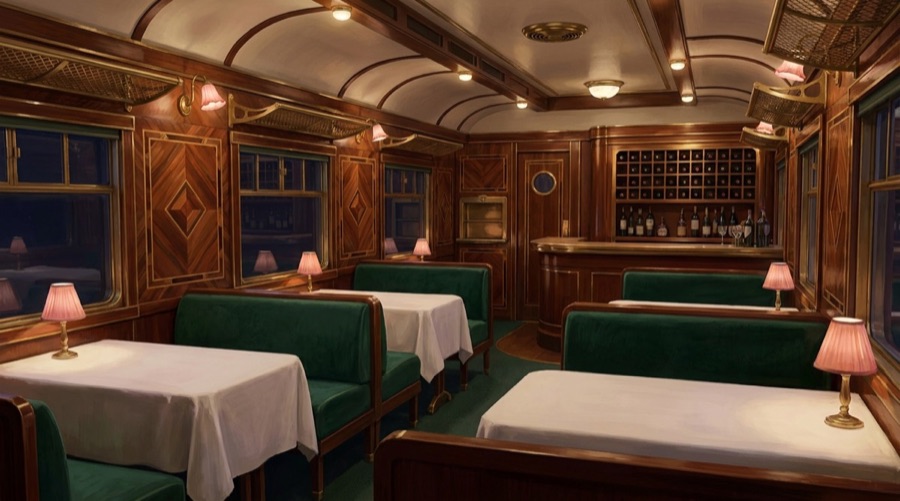Décor jouable de la Voiture-restaurant : tables dressées et cave à vins
