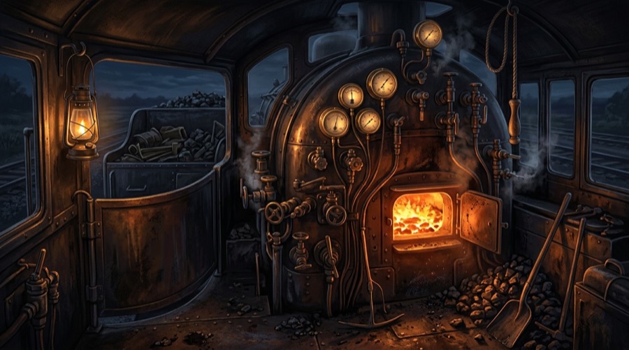 Décor jouable de la Locomotive : manomètres et foyer ardent