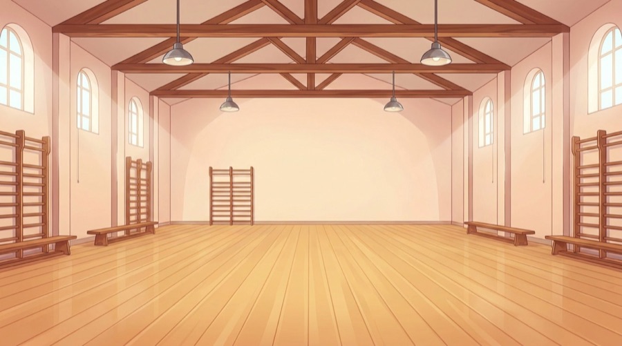 Décor jouable du Gymnase : court, filet et espaliers sous la verrière