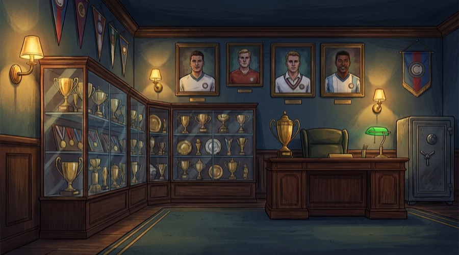 Décor jouable de la salle des Trophées : coupes, fanions et portraits