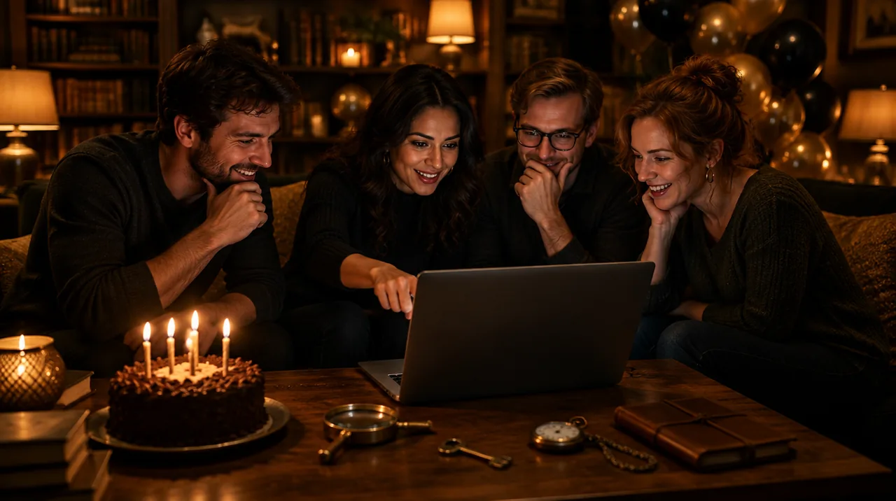Amis réunis autour d’un ordinateur pour un escape game d’anniversaire, gâteau aux bougies sur la table