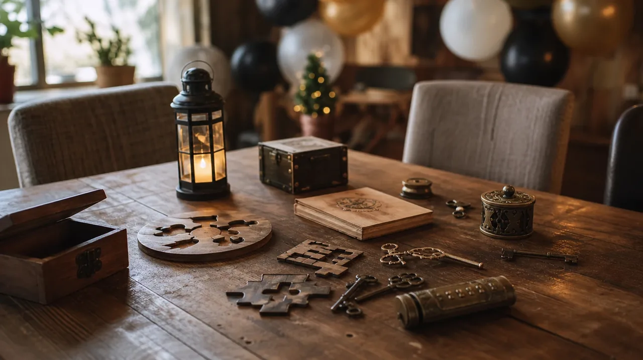 Table d’anniversaire préparée pour un escape game : lanterne, coffrets, clés anciennes et casse-têtes en bois