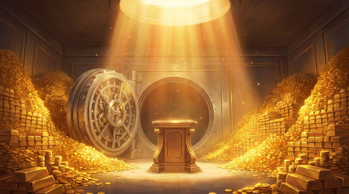 Décor immersif d'escape game numérique : chambre forte dorée