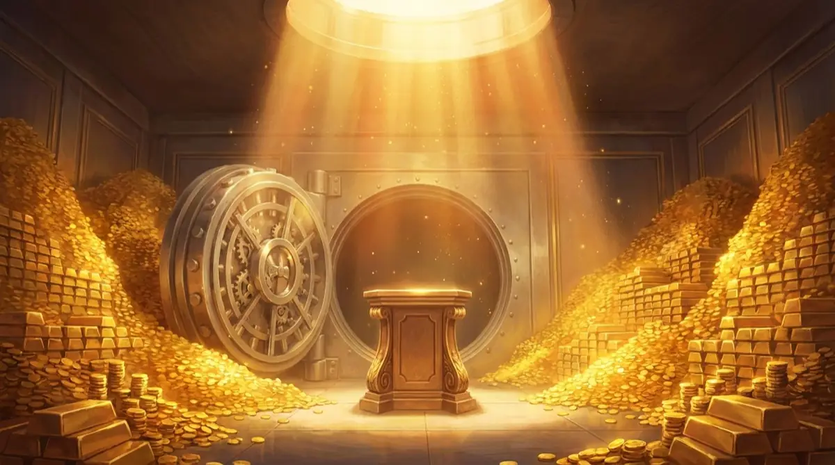 Décor immersif d'escape game numérique : chambre forte dorée